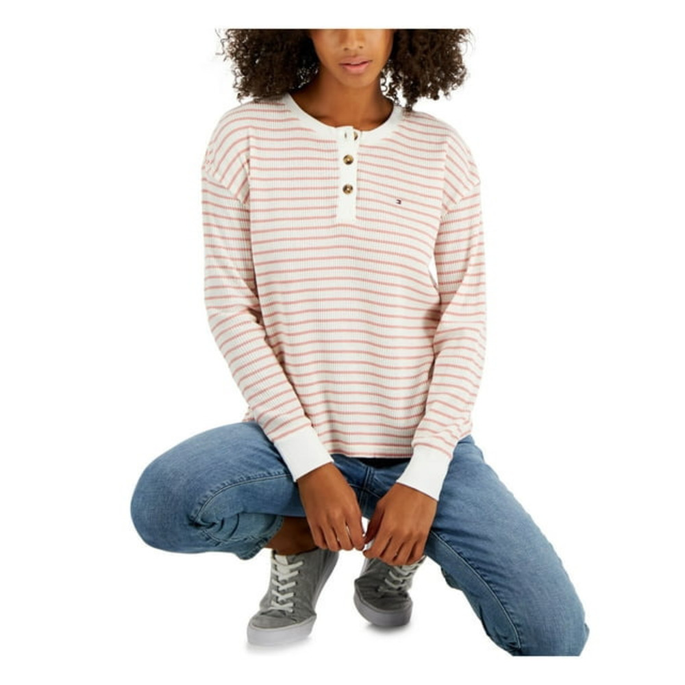 Tommy Hilfiger Pink Striped Henley Top - Women's Size Large - Shirts
